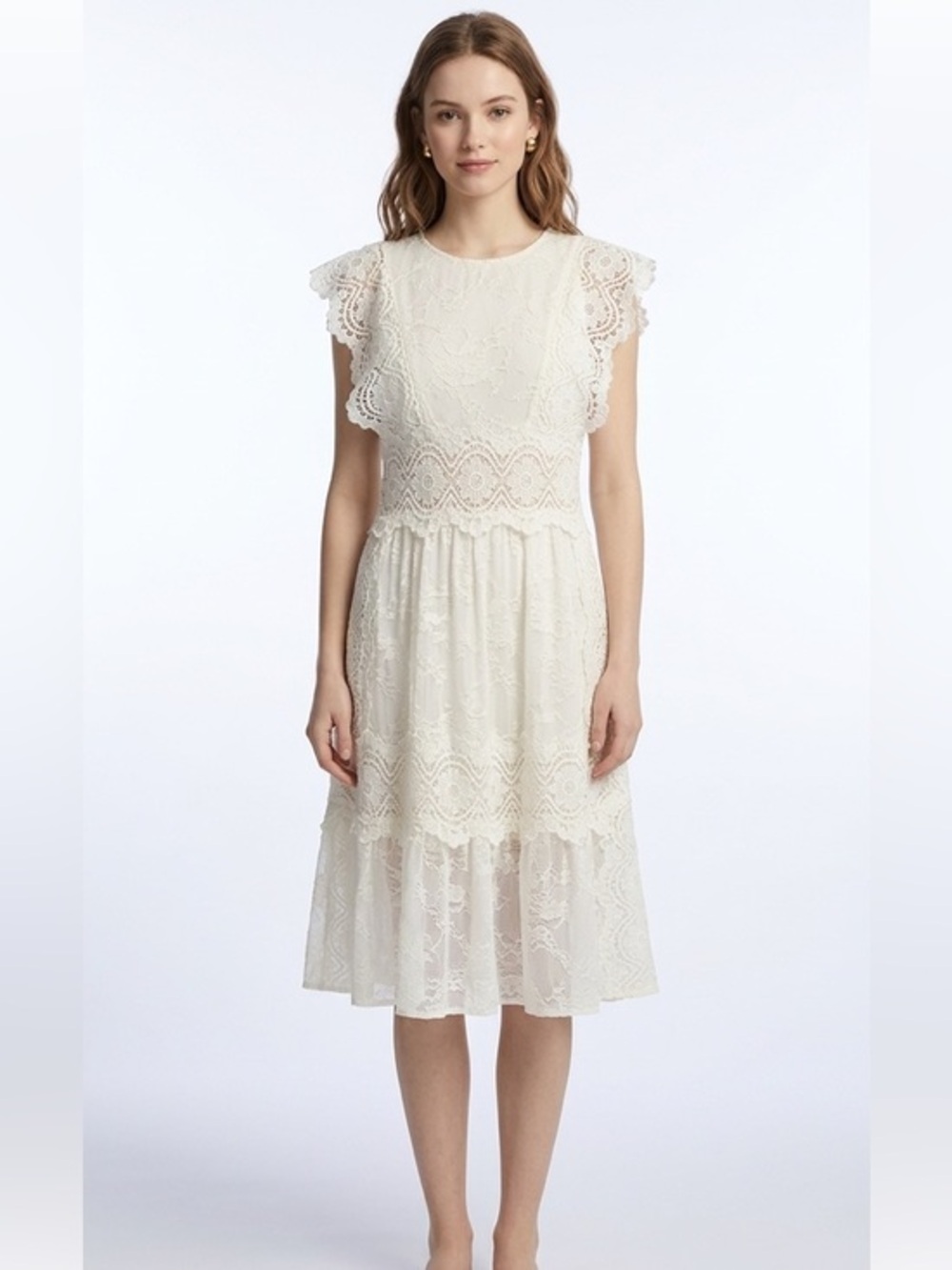 White Lace Flutter Short Sleeve Crewneck Midi Dress Lined Size Large